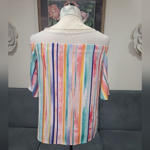 Do + BE Colorful Off Shoulder Silky Vertical Stripes Top - Picture 8 of 14